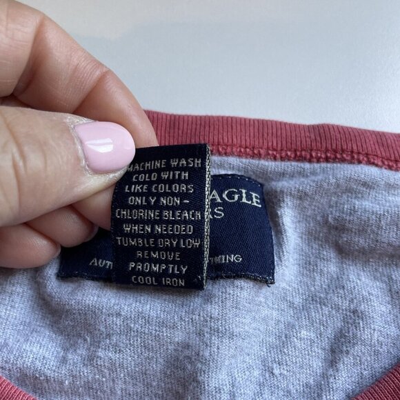 Vintage Y2K American Eagle Ringer T-Shirt Men's XL Gray Orange Raglan Sleeves - Picture 7 of 9